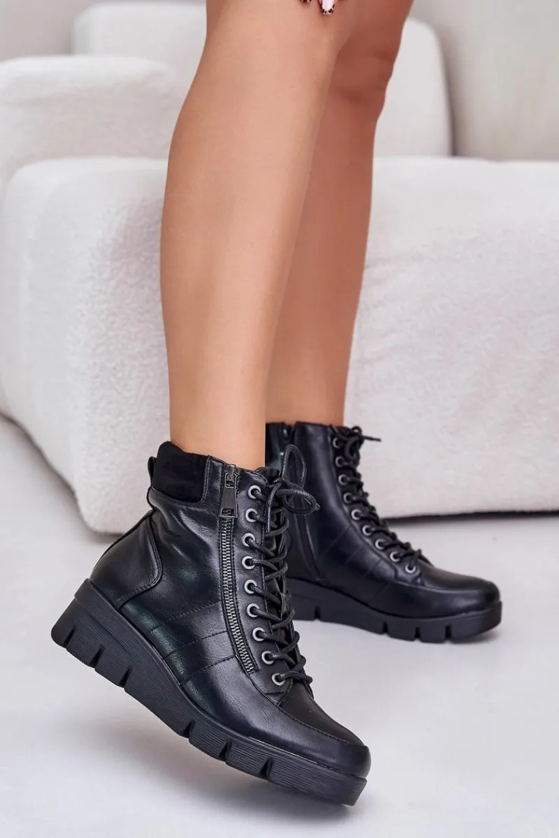 Hot Lekkie Ocieplane Botki Damskie Na Platformie I Koturnie Czarne Savindria Damskie Botki Ocieplane|Damskie Trapery