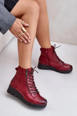 Hot Boto Lekkie Ocieplane Botki Damskie Na Platformie I Koturnie Bordowe Savindria Czerwony