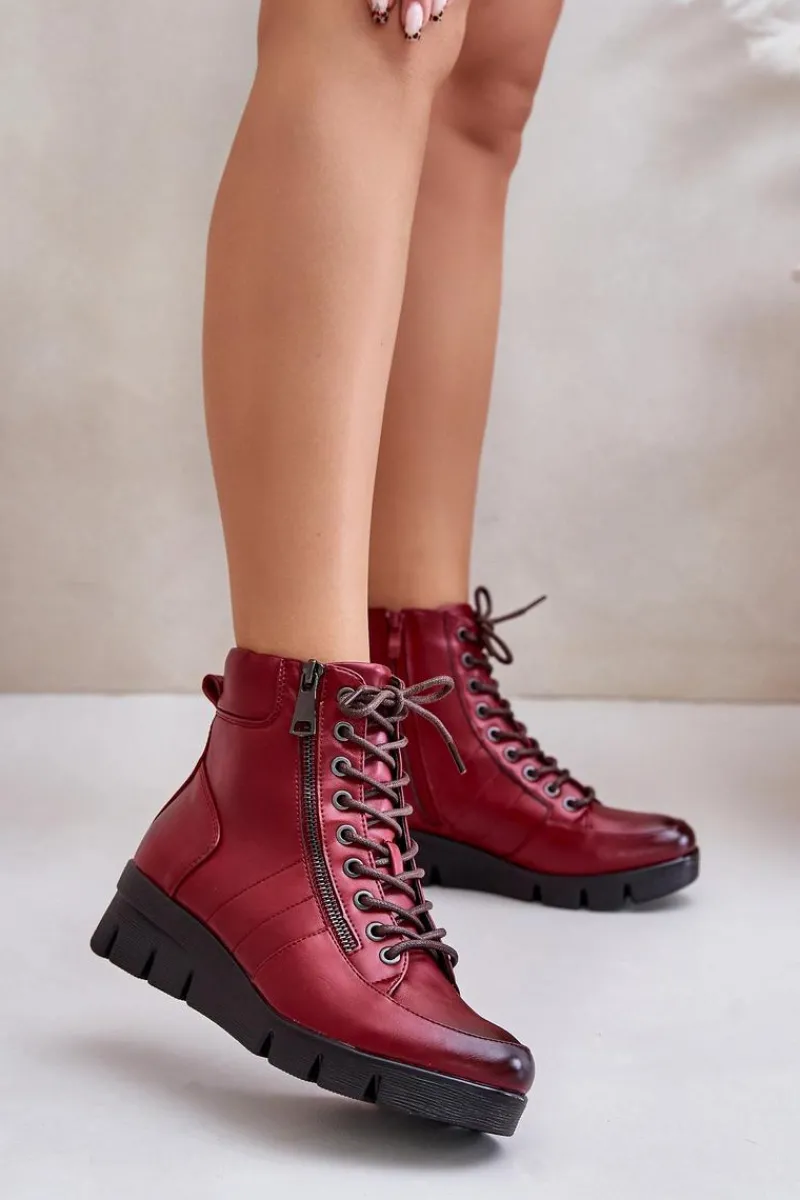 Hot Boto Lekkie Ocieplane Botki Damskie Na Platformie I Koturnie Bordowe Savindria Czerwony