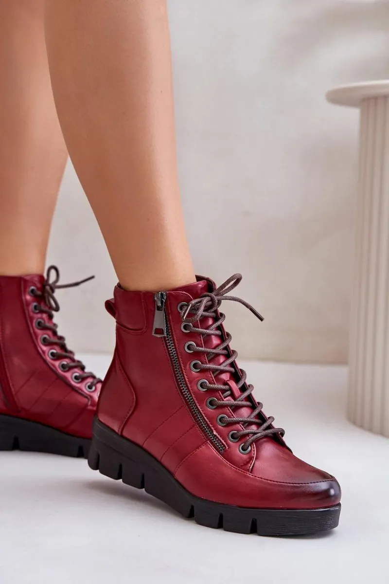 Hot Boto Lekkie Ocieplane Botki Damskie Na Platformie I Koturnie Bordowe Savindria Czerwony