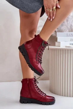 Hot Boto Lekkie Ocieplane Botki Damskie Na Platformie I Koturnie Bordowe Savindria Czerwony