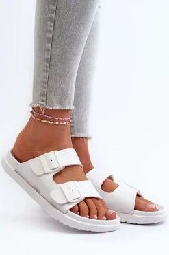 Klapki Damskie Big Star|Klapki Basenowe>Big Star Shoes Lekkie Piankowe Klapki Damskie Z Klamrami Big Star NN274A751 Białe Biały