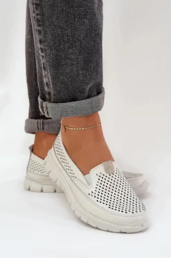 Loafersy Damskie|Mokasyny Damskie Skórzane></noscript>Evento Lekkie Skórzane Ażurowe Mokasyny Damskie Na Platformie Białe Tanelora