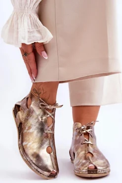 Outlet Lekkie Skórzane Botki 03426-42 Złote Damskie Sandały Płaskie|Botki Wiosenne