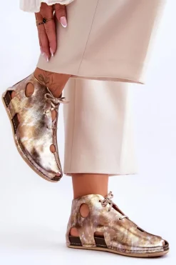 Outlet Lekkie Skórzane Botki 03426-42 Złote Damskie Sandały Płaskie|Botki Wiosenne