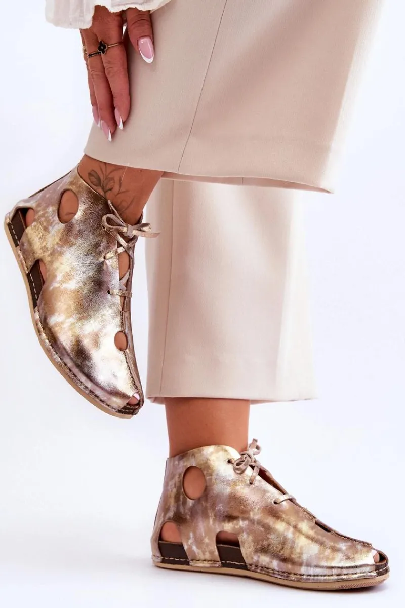 Outlet Lekkie Skórzane Botki 03426-42 Złote Damskie Sandały Płaskie|Botki Wiosenne