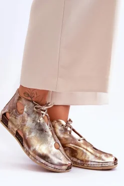 Outlet Lekkie Skórzane Botki 03426-42 Złote Damskie Sandały Płaskie|Botki Wiosenne