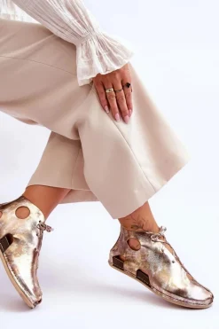 Outlet Lekkie Skórzane Botki 03426-42 Złote Damskie Sandały Płaskie|Botki Wiosenne