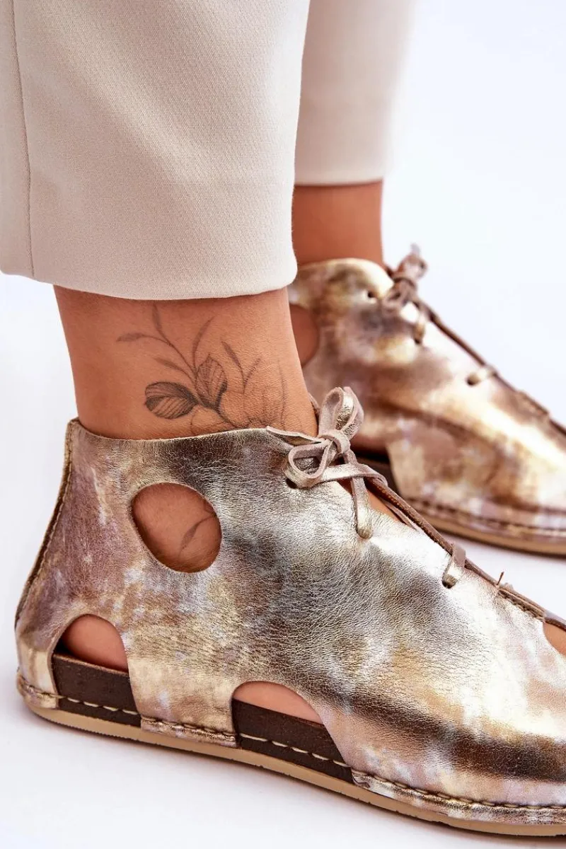 Outlet Lekkie Skórzane Botki 03426-42 Złote Damskie Sandały Płaskie|Botki Wiosenne