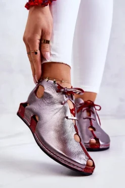 Online Lekkie Skórzane Botki 03426-20 Srebrno-Czerwone Damskie Sandały Płaskie|Botki Wiosenne