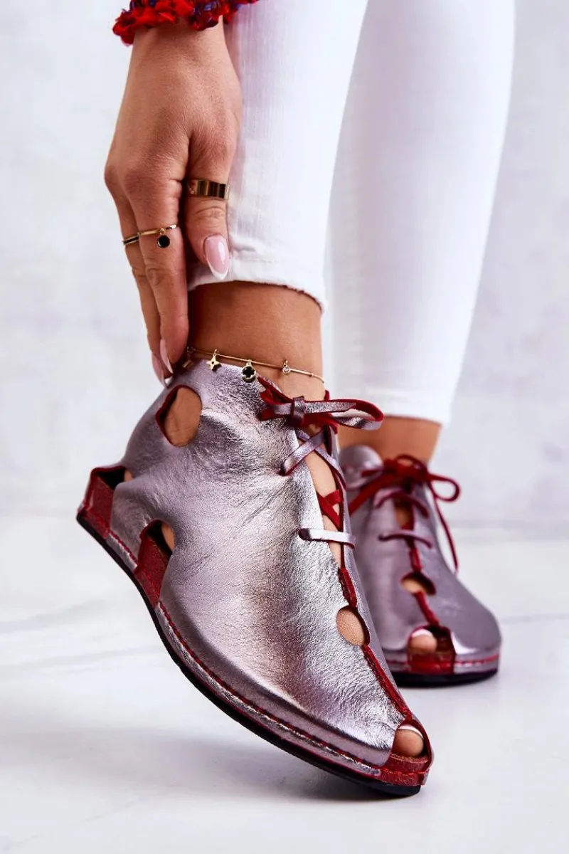 Online Lekkie Skórzane Botki 03426-20 Srebrno-Czerwone Damskie Sandały Płaskie|Botki Wiosenne