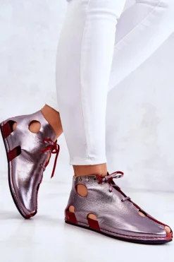 Online Lekkie Skórzane Botki 03426-20 Srebrno-Czerwone Damskie Sandały Płaskie|Botki Wiosenne