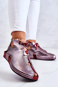 Online Lekkie Skórzane Botki 03426-20 Srebrno-Czerwone Damskie Sandały Płaskie|Botki Wiosenne