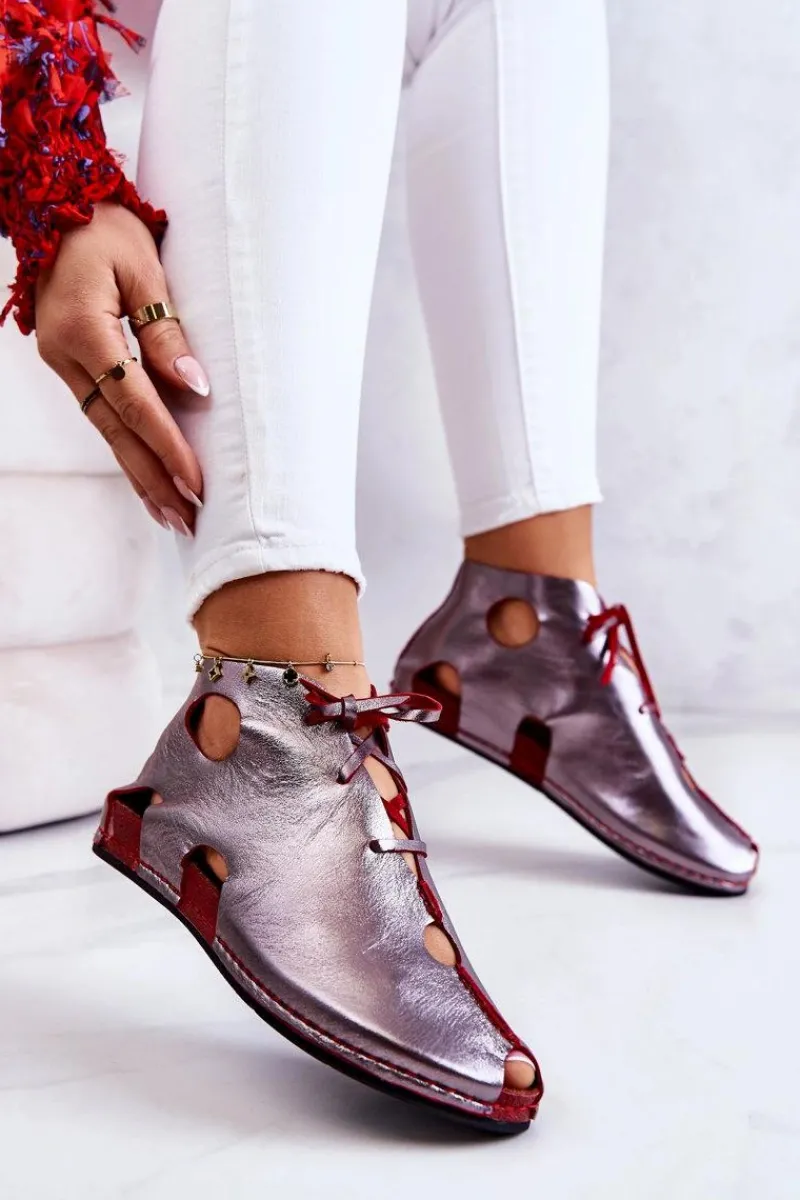 Online Lekkie Skórzane Botki 03426-20 Srebrno-Czerwone Damskie Sandały Płaskie|Botki Wiosenne