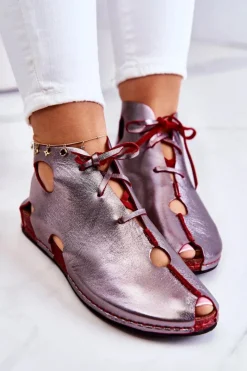 Online Lekkie Skórzane Botki 03426-20 Srebrno-Czerwone Damskie Sandały Płaskie|Botki Wiosenne