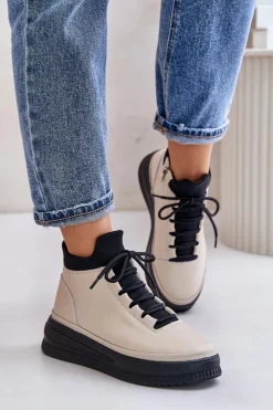 Online Lekkie Skórzane Buty Sportowe Na Platformie 55C0554 Beżowe Damskie Buty Sportowe Na Platformie