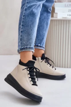 Online Lekkie Skórzane Buty Sportowe Na Platformie 55C0554 Beżowe Damskie Buty Sportowe Na Platformie