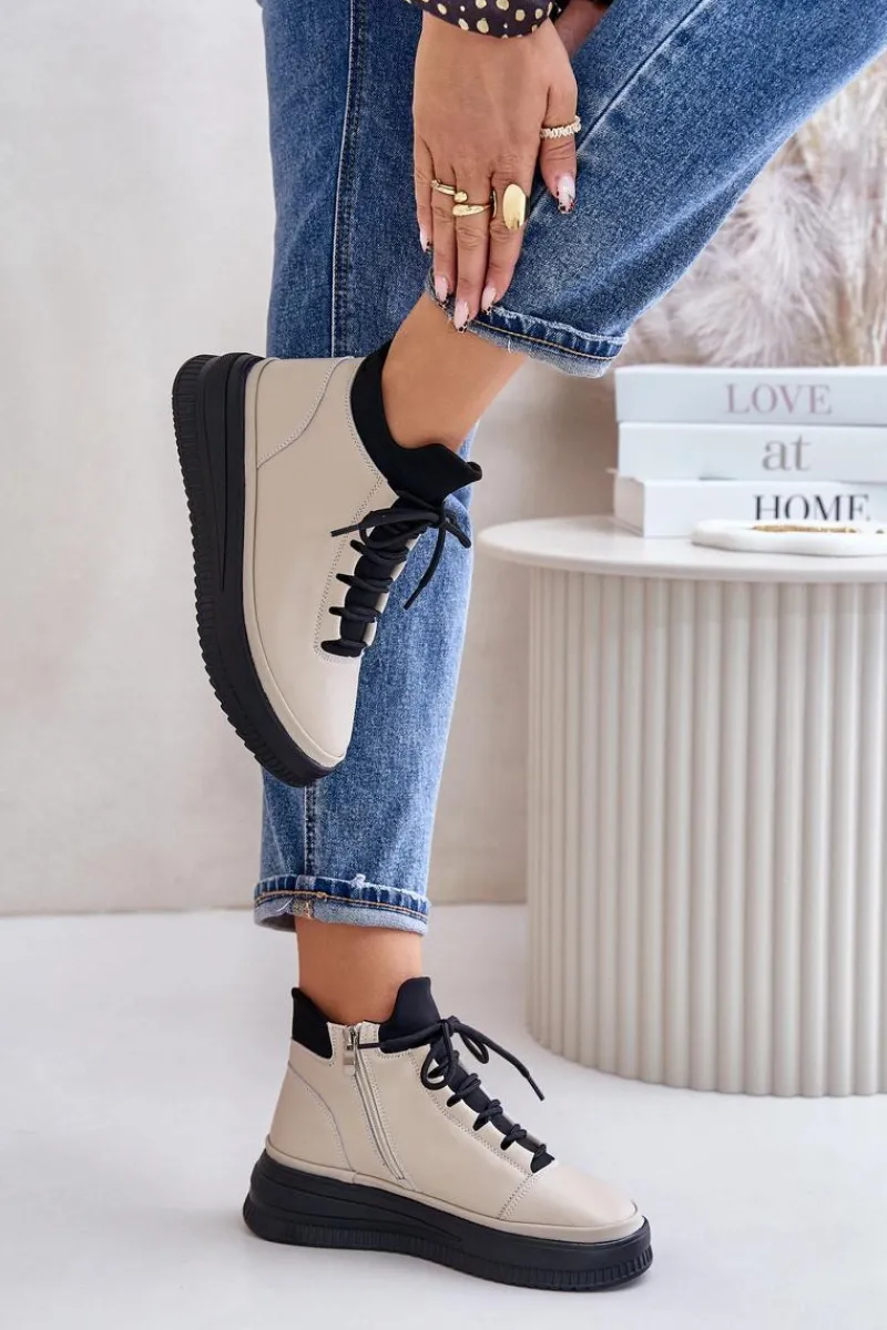 Online Lekkie Skórzane Buty Sportowe Na Platformie 55C0554 Beżowe Damskie Buty Sportowe Na Platformie