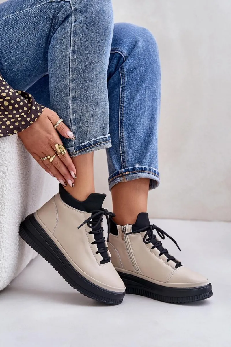 Online Lekkie Skórzane Buty Sportowe Na Platformie 55C0554 Beżowe Damskie Buty Sportowe Na Platformie