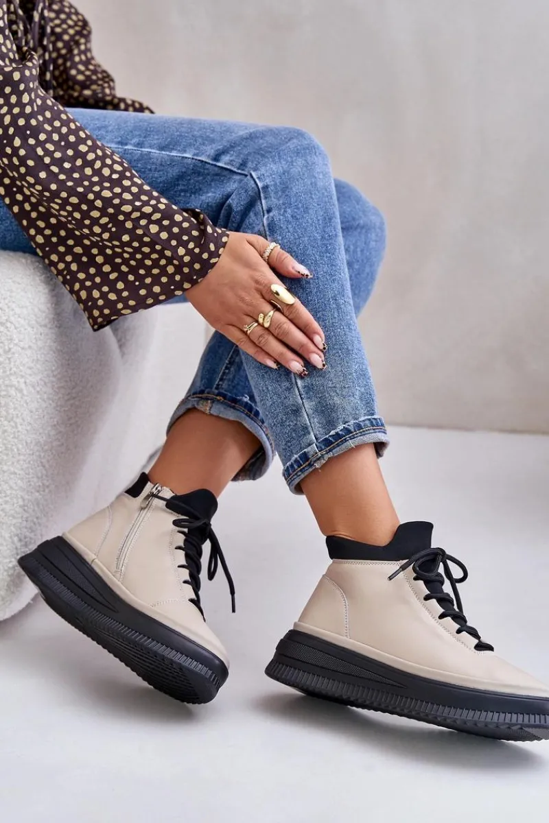Online Lekkie Skórzane Buty Sportowe Na Platformie 55C0554 Beżowe Damskie Buty Sportowe Na Platformie