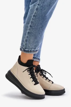 Online Lekkie Skórzane Buty Sportowe Na Platformie 55C0554 Beżowe Damskie Buty Sportowe Na Platformie