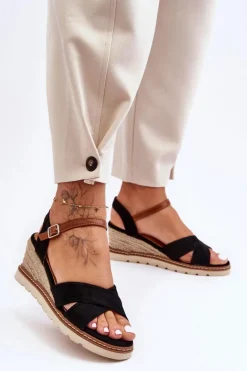 Clearance Lekkie Zamszowe Sandały Na Koturnie Czarne Celine Damskie Sandały Na Koturnie