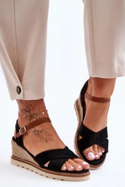 Clearance Lekkie Zamszowe Sandały Na Koturnie Czarne Celine Damskie Sandały Na Koturnie