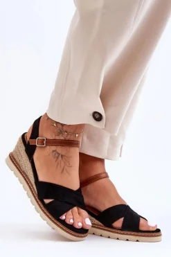 Clearance Lekkie Zamszowe Sandały Na Koturnie Czarne Celine Damskie Sandały Na Koturnie