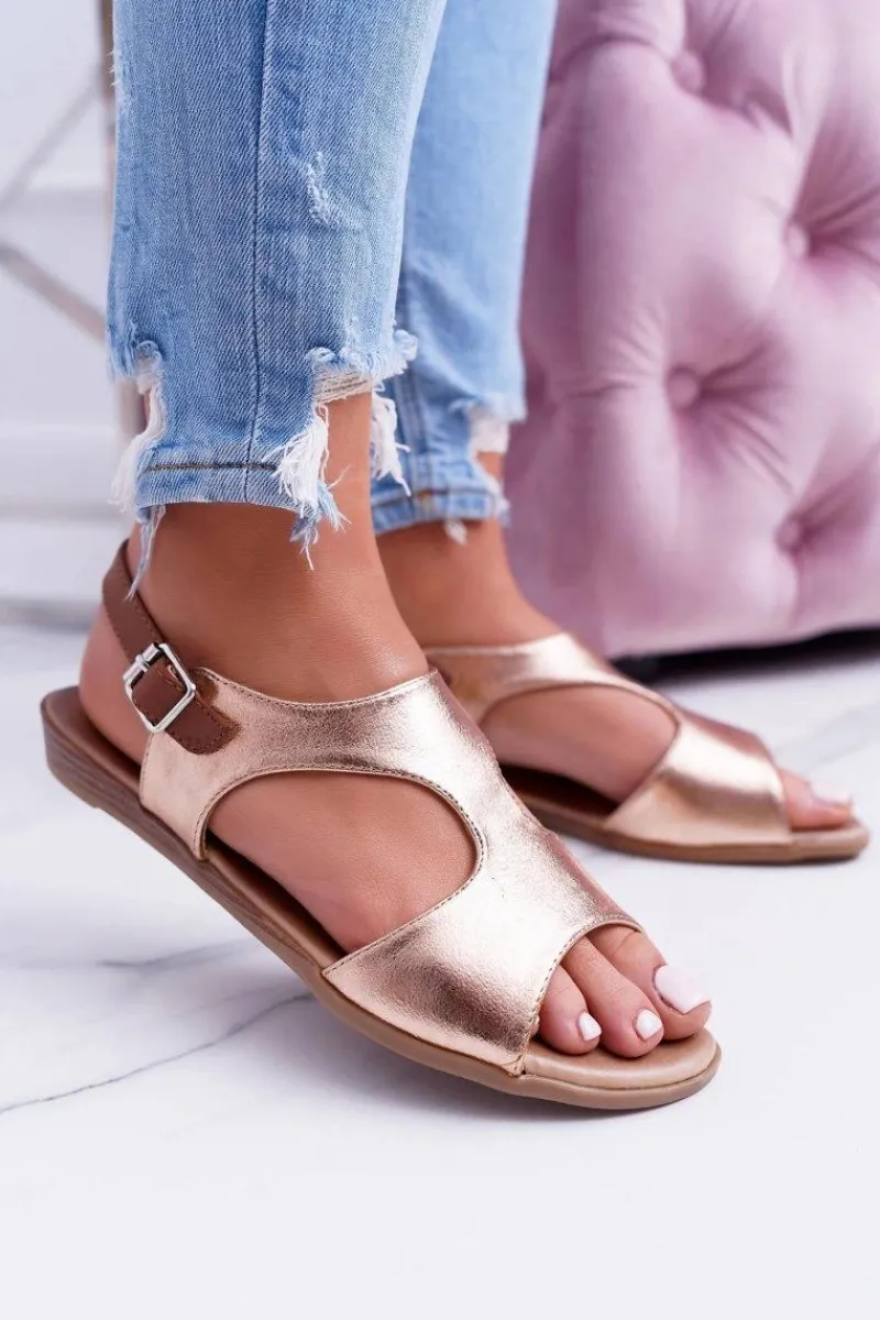 Discount Lekkie Złote Sandałki Kongito Damskie Sandały Płaskie