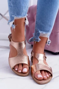 Discount Lekkie Złote Sandałki Kongito Damskie Sandały Płaskie