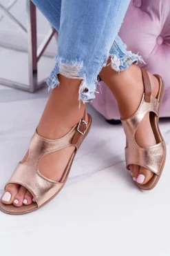 Discount Lekkie Złote Sandałki Kongito Damskie Sandały Płaskie