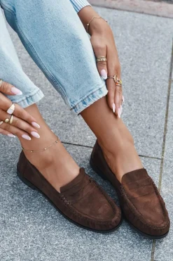 Loafersy Damskie|Mokasyny Płaskie>Boto Loafersy Damskie Na Płaskim Obcasie Z Eko Zamszu Brązowe Rivianne