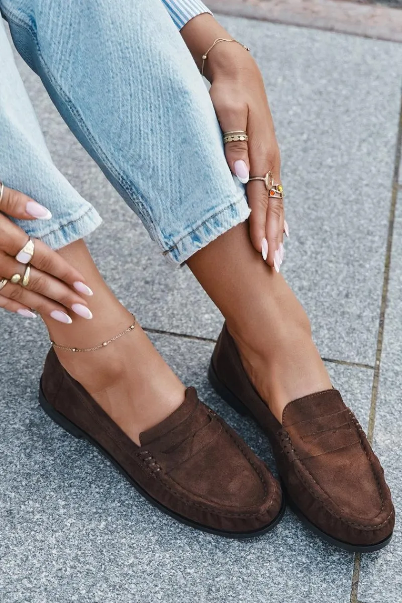 Loafersy Damskie|Mokasyny Płaskie>Boto Loafersy Damskie Na Płaskim Obcasie Z Eko Zamszu Brązowe Rivianne