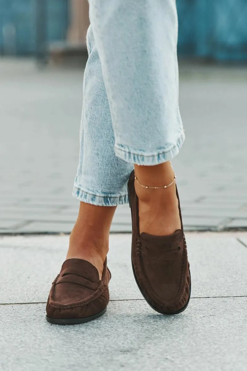 Loafersy Damskie|Mokasyny Płaskie>Boto Loafersy Damskie Na Płaskim Obcasie Z Eko Zamszu Brązowe Rivianne