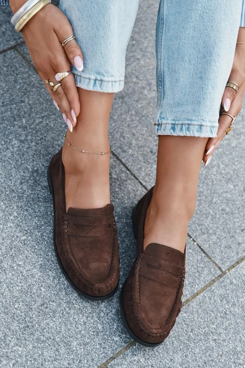 Loafersy Damskie|Mokasyny Płaskie>Boto Loafersy Damskie Na Płaskim Obcasie Z Eko Zamszu Brązowe Rivianne