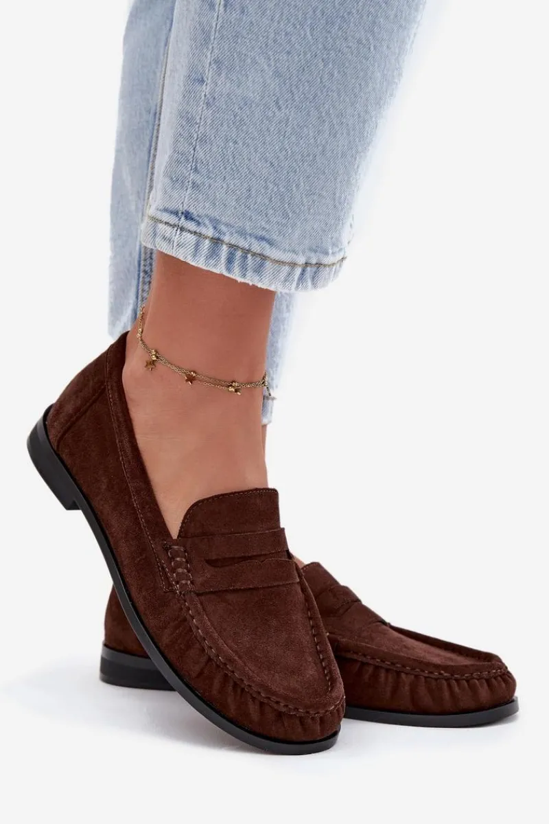 Loafersy Damskie|Mokasyny Płaskie>Boto Loafersy Damskie Na Płaskim Obcasie Z Eko Zamszu Brązowe Rivianne