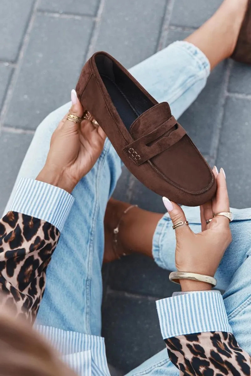 New Loafersy Mokasyny Damskie Płaskie Ciemnobrązowe Roseline Damskie Loafersy Damskie|Mokasyny Damskie Zamszowe