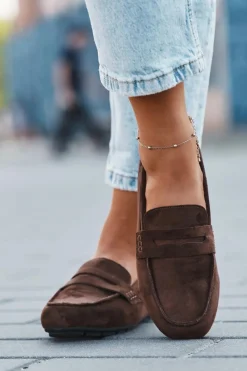 New Loafersy Mokasyny Damskie Płaskie Ciemnobrązowe Roseline Damskie Loafersy Damskie|Mokasyny Damskie Zamszowe