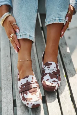 Discount Boto Loafersy Mokasyny Damskie Płaskie W Łaty Brązowo-Białe Roseline