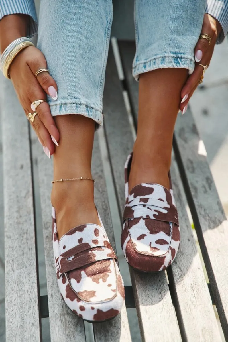 Discount Boto Loafersy Mokasyny Damskie Płaskie W Łaty Brązowo-Białe Roseline