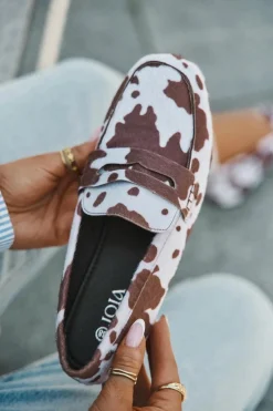 Discount Boto Loafersy Mokasyny Damskie Płaskie W Łaty Brązowo-Białe Roseline