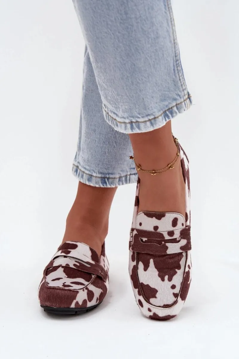 Discount Boto Loafersy Mokasyny Damskie Płaskie W Łaty Brązowo-Białe Roseline