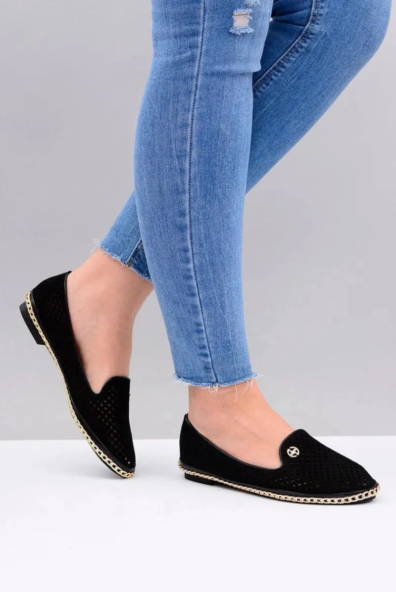 Sale Lu Boo | Czarne Ażurowe Balerinki Lordsy Stylish Damskie Baleriny Klasyczne