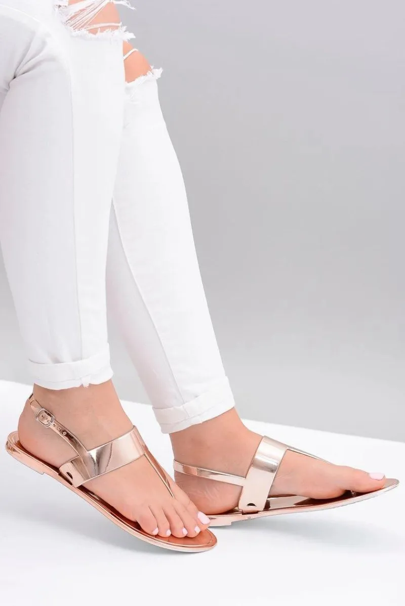 Clearance Lu Boo | Lustrzane Sandały Złoty Róż Japonki II-GAT Nora Damskie Sandały Gumowe|Sandały Płaskie