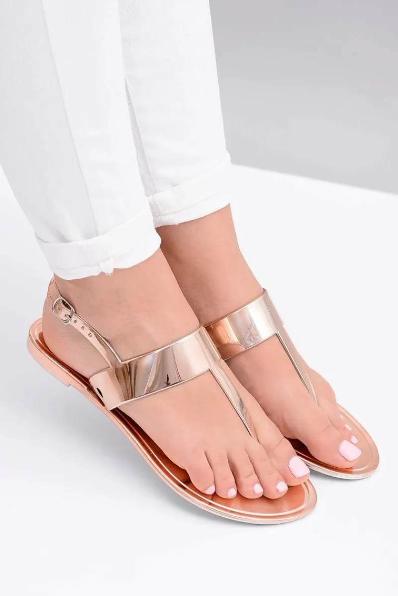 Clearance Lu Boo | Lustrzane Sandały Złoty Róż Japonki II-GAT Nora Damskie Sandały Gumowe|Sandały Płaskie