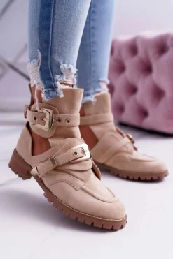 Brązowe I Beżowe Botki|Botki Płaskie>Boto Lu Boo Beżowe Zamszowe Botki Z Wycięciami Rock Girl Beżowy