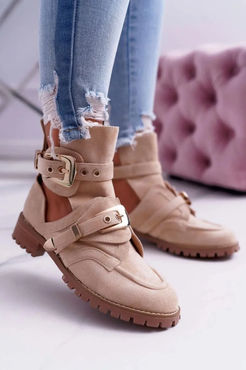 Brązowe I Beżowe Botki|Botki Płaskie>Boto Lu Boo Beżowe Zamszowe Botki Z Wycięciami Rock Girl Beżowy