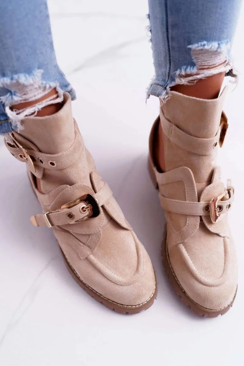 Brązowe I Beżowe Botki|Botki Płaskie>Boto Lu Boo Beżowe Zamszowe Botki Z Wycięciami Rock Girl Beżowy