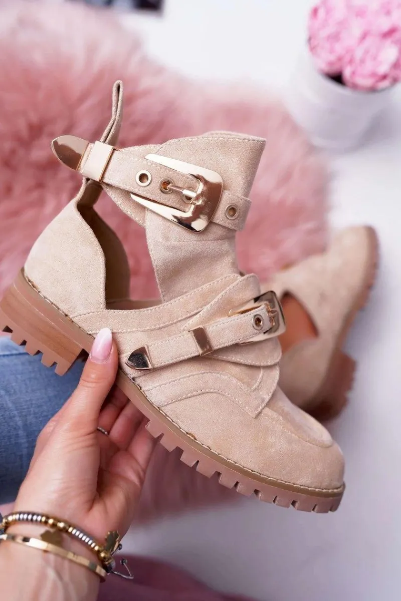 Brązowe I Beżowe Botki|Botki Płaskie>Boto Lu Boo Beżowe Zamszowe Botki Z Wycięciami Rock Girl Beżowy