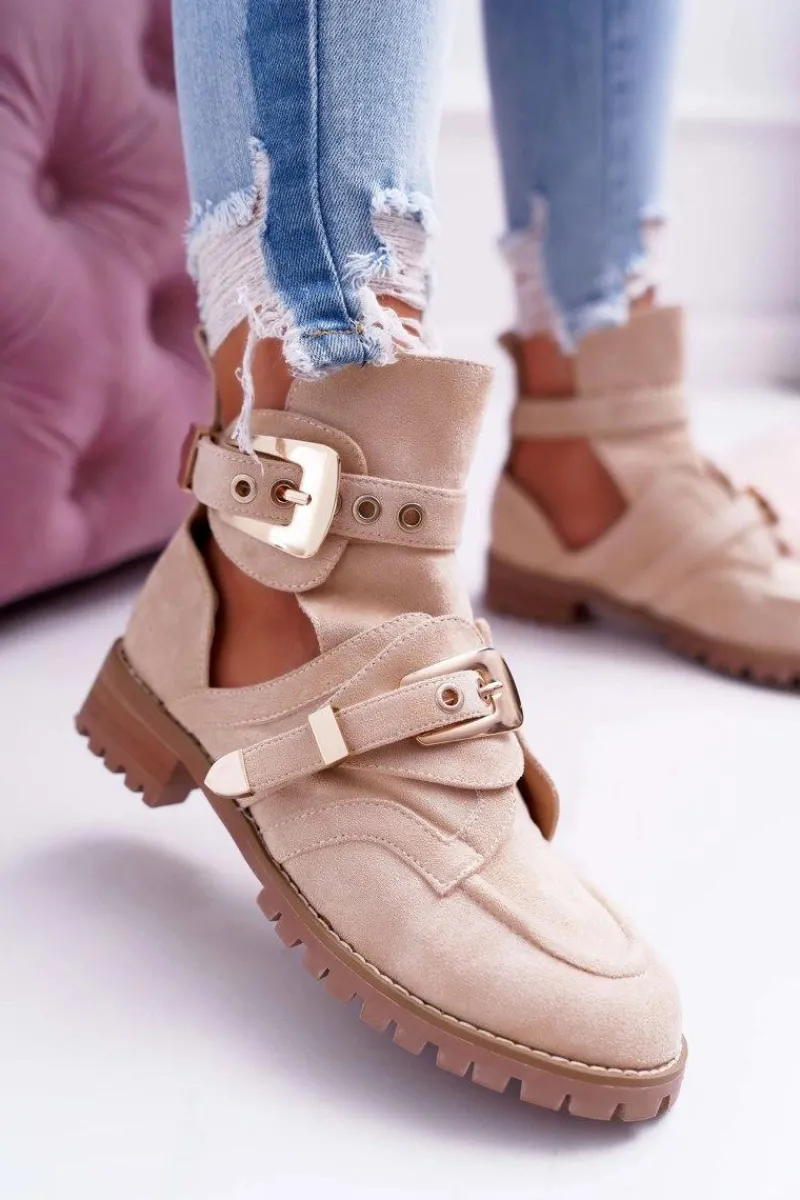 Brązowe I Beżowe Botki|Botki Płaskie>Boto Lu Boo Beżowe Zamszowe Botki Z Wycięciami Rock Girl Beżowy